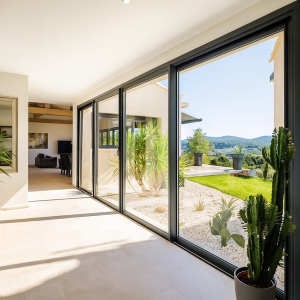 Un magnifique couloir lumineux avec de grandes baies vitrées donnant sur un jardin paysager, décoré de plantes d'intérieur et offrant une vue splendide sur les collines environnantes.